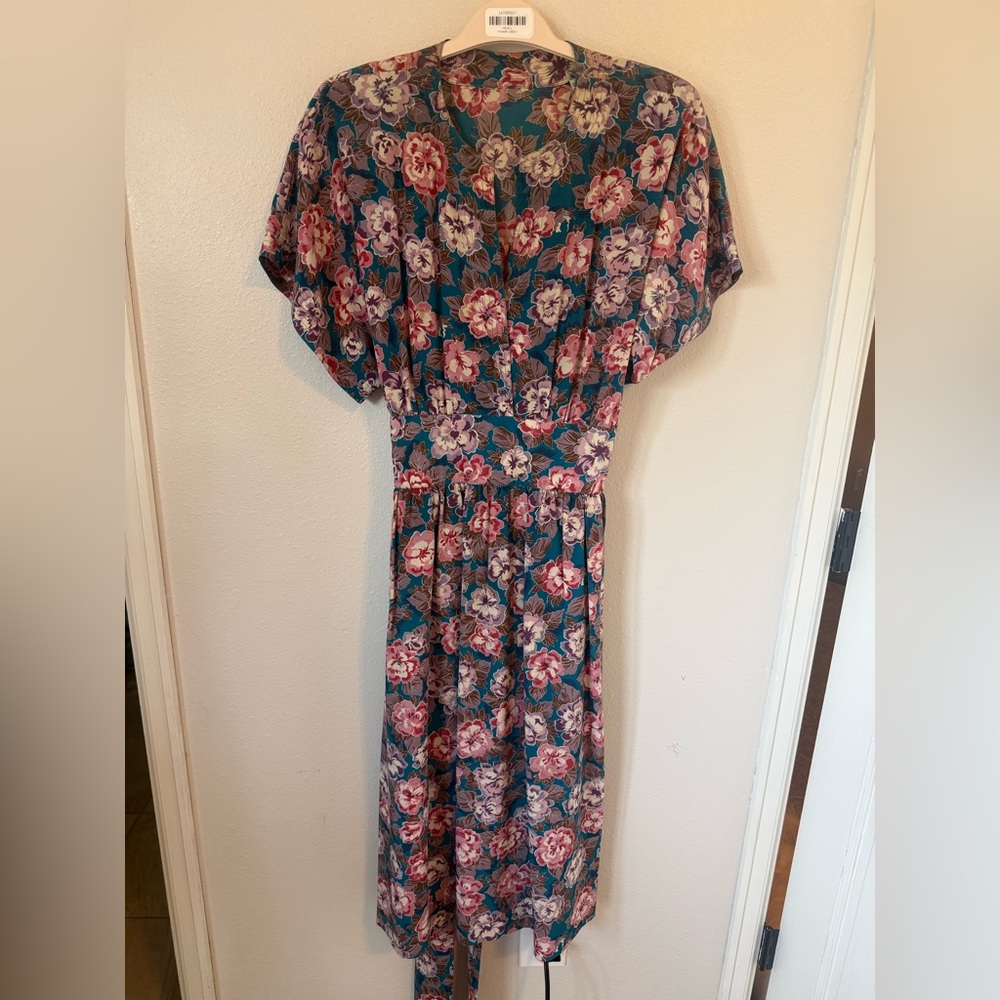 Vintage Teal Floral Midi Day Dress V Neck Retro Pink Purple Lavender Cream 14